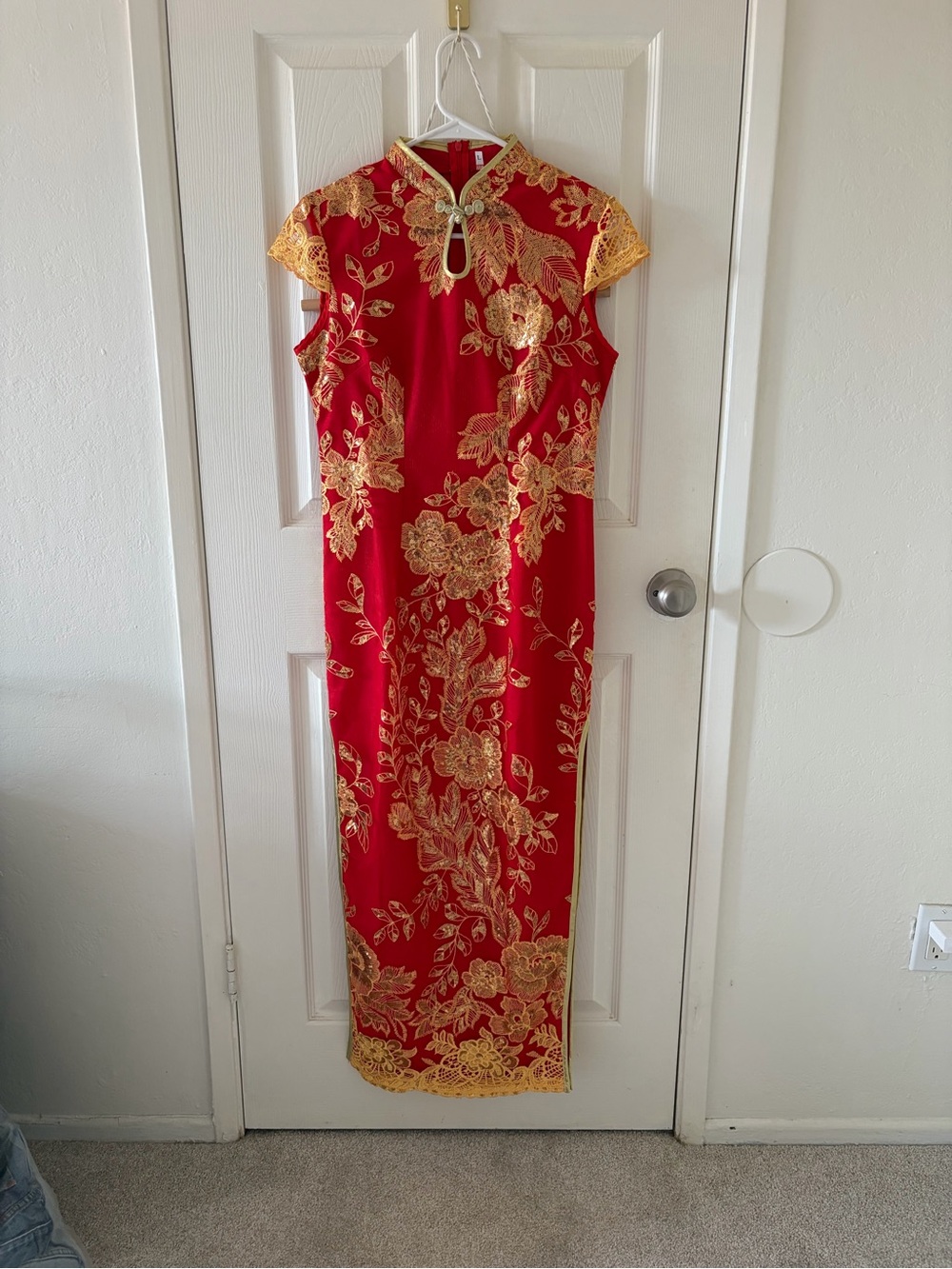 Red and Gold Floral Embroidered Cheongsam Dress
